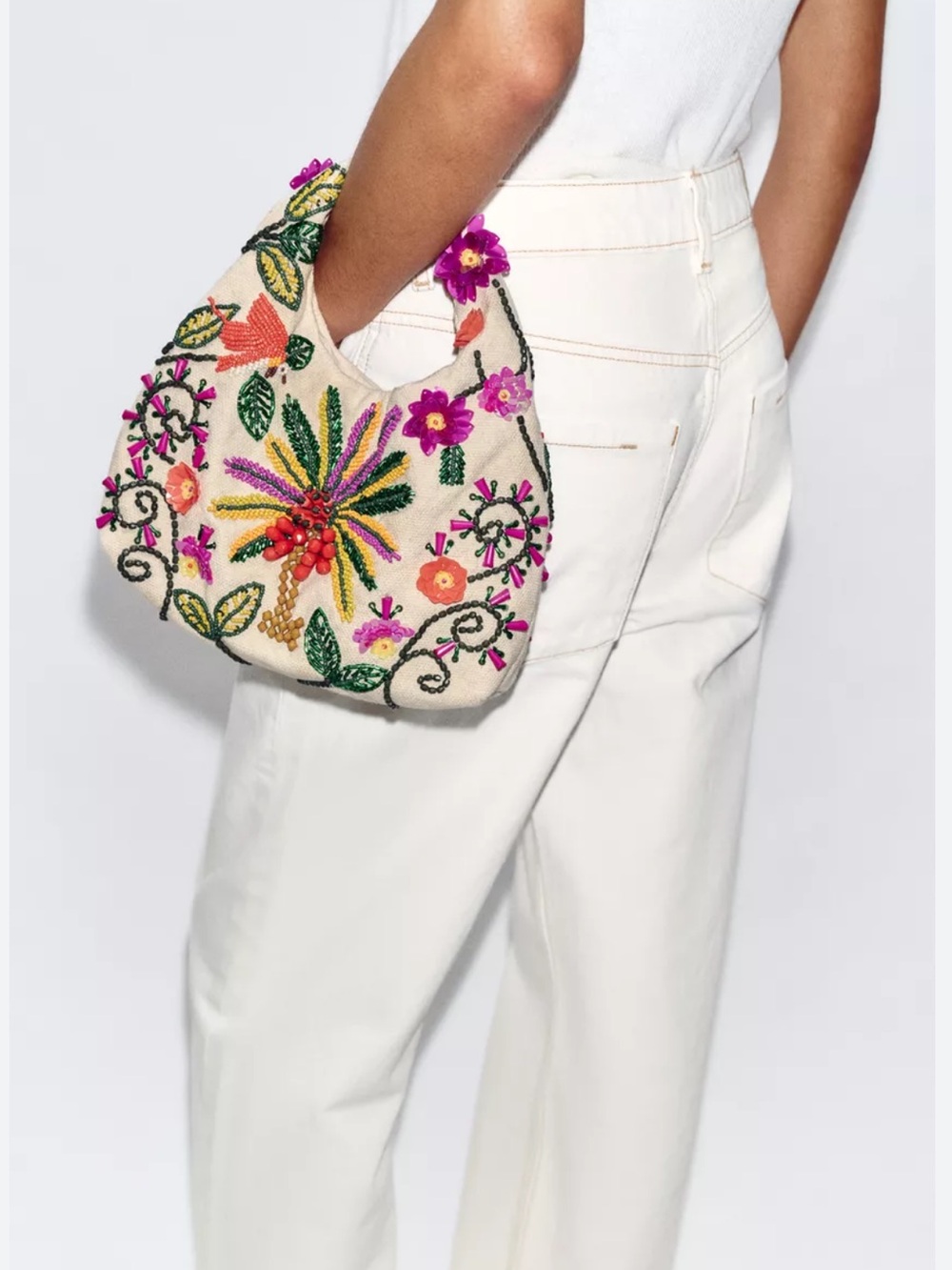 NWT ZARA Beaded Tropical Toucan Floral Small Top Handle Bag Snap Closure Lined